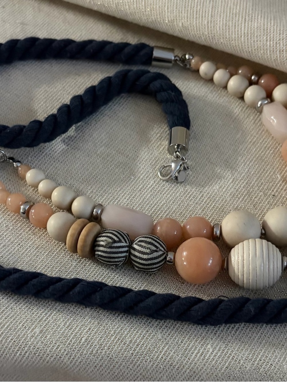 Women's Navy Rope Necklace with Neutral Beads - Picture 3 of 5